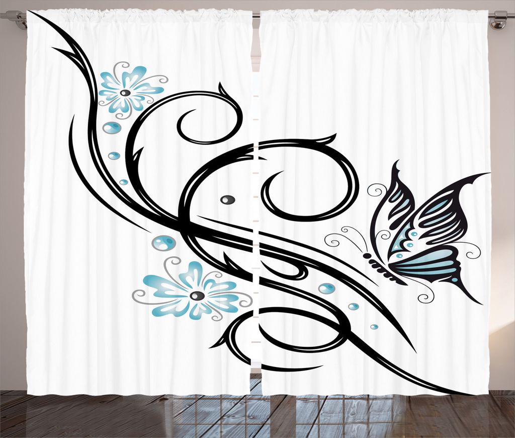 ABAKUHAUS Tätowieren Rustikaler Vorhang, Butterfflies und Blätter, Wohnzimmer Universalband Gardinen mit Schlaufen und Haken, 280 x 245 cm, Schwa...