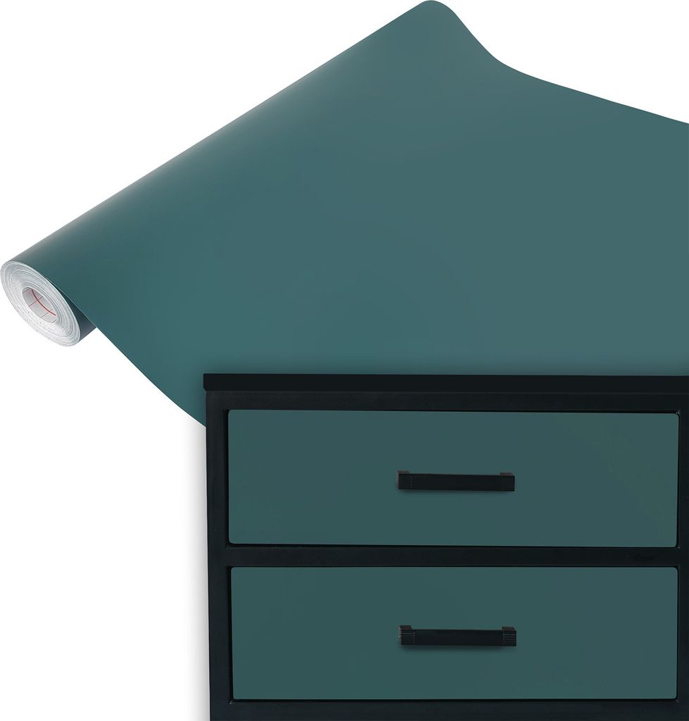 A roll of teal matte vinyl wrap is shown unfurling over a black dresser with two teal drawers.