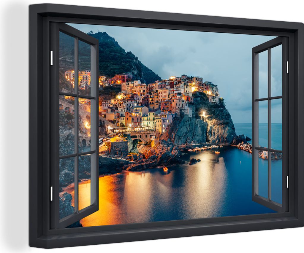 OneMillionCanvasses - Leinwandbilder - 140x90 cm, Ausblick - Italien - Meer, - Geöffnetes Fenster - Fensterblick Schlafzimmer Kunstdruck Wanddek...
