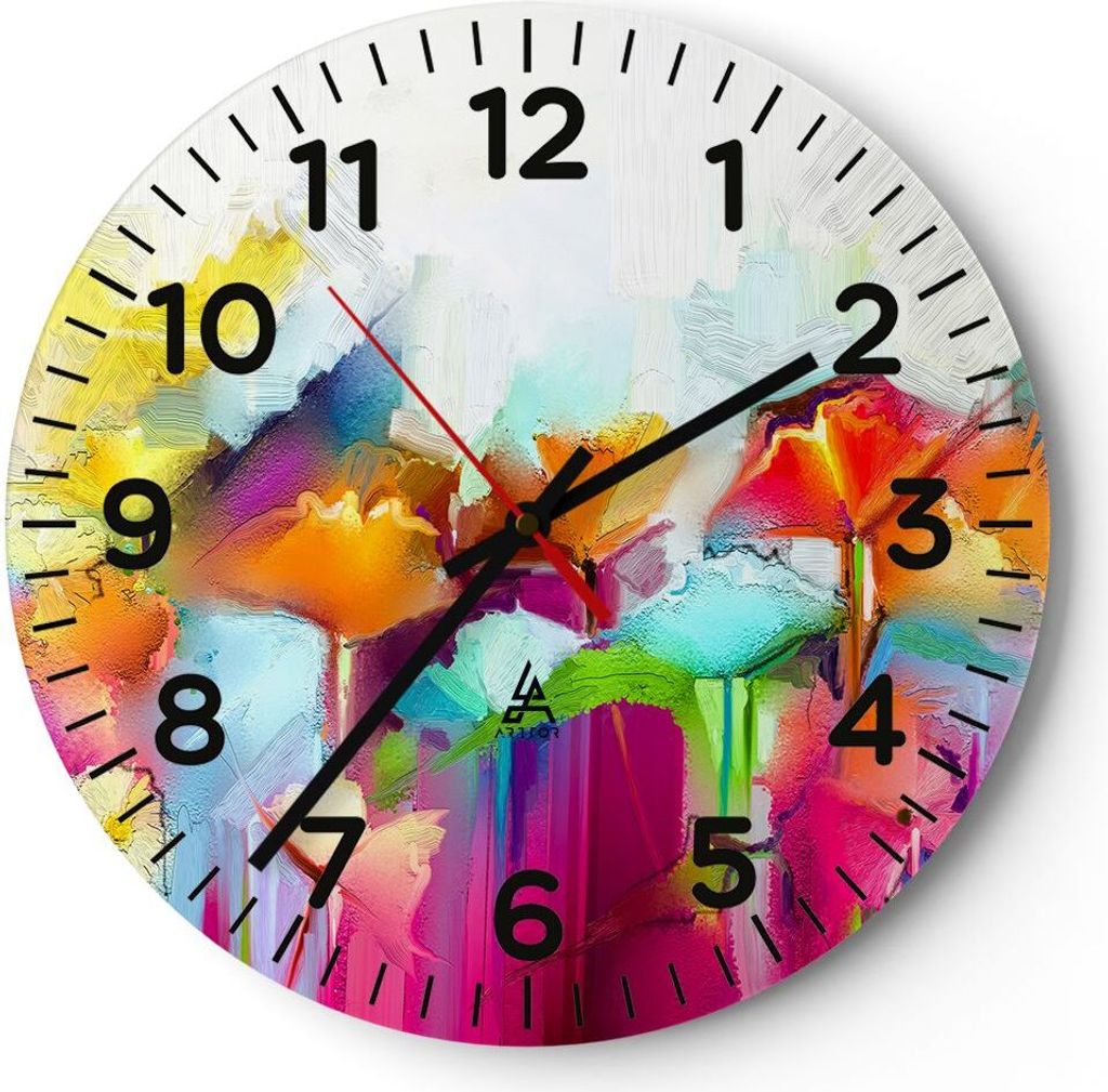 Wanduhr - Rund - Glasuhr - Blumen Wiese Sommer - 40x40cm - Schleichendes Uhrwerk - Lautlos - zum Aufhängen bereit - Dekoration Modern - Wanddekora...