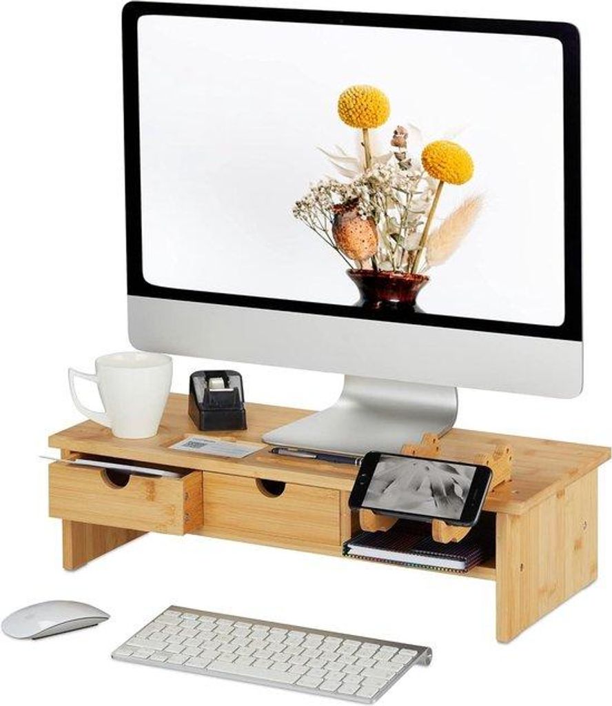 Bamboo-Büromonitor-Ständer mit doppeltem Ladeplatz und Telefonhalter – Bildschirmheber für moderne Arbeitsplätze – Maße: 14x54x23 cm – N...