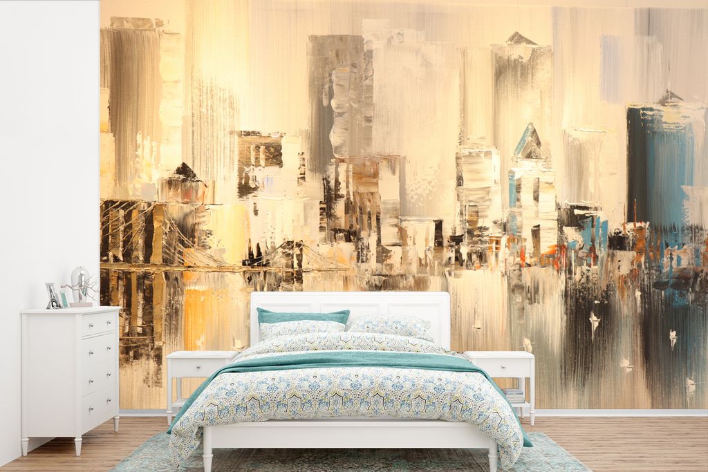 MuchoWow Fototapete für Wohnzimmer oder Schlafzimmer Wandtapete Vinyl Motivtapete Gemälde - Öl - Abstrakt - Skyline - 330x220 cm - Fototapeten