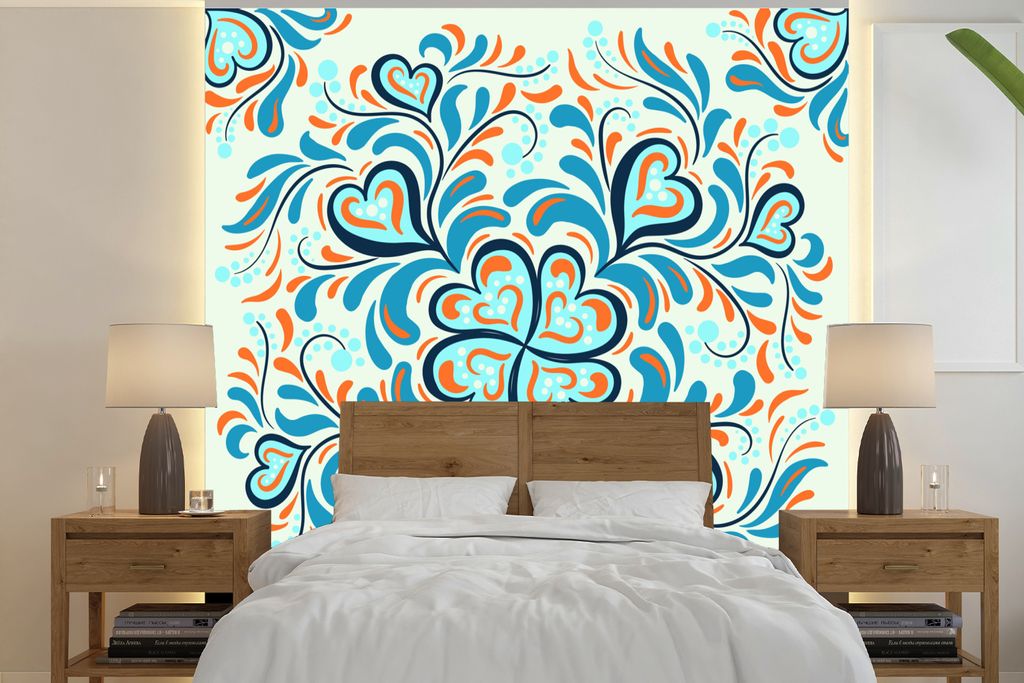 MuchoWow Fototapete für Wohnzimmer oder Schlafzimmer Wandtapete Vinyl Motivtapete Vierblättriges Kleeblatt - Herzen - Blau - Muster - 240x240 c...