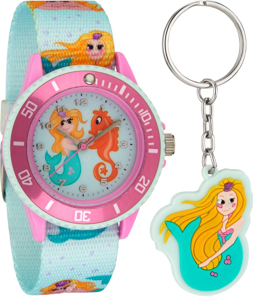 Kinderarmbanduhr mit Textilarmband und Schlüsselanhänger Motiv Meerjungfrau Blau - 2-LD5139-3 Ostergeschenk