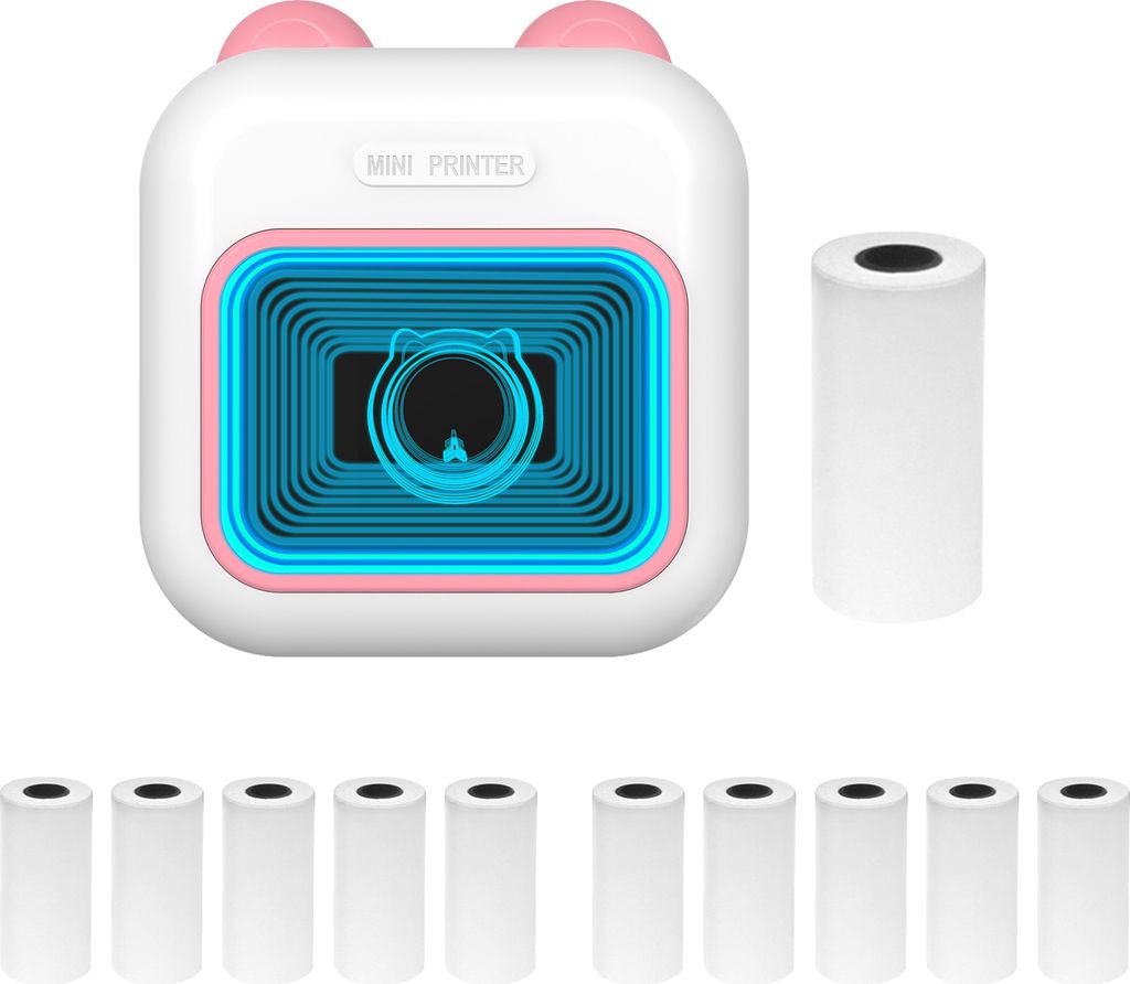 M10 Mini Thermodrucker Bluetooth Sofortbilddrucker Etikettendrucker, 7-Farben-LED-Licht, mit 11 Papierrollen (57 x 25 mm), Android iOS