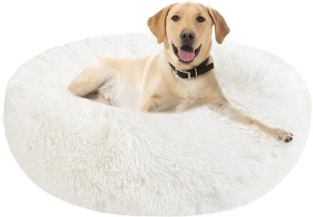 Panier rond 80 cm en peluche blanche pour chien XXL lavable et doux