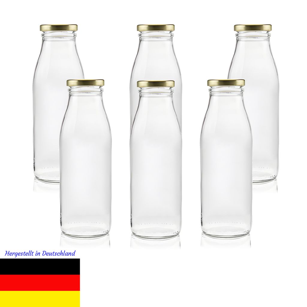 Milchflasche Glas 500ml – 6er Set – Weithalsöffnung 48mm – Wiederverwendbar – Für Säfte, Milch, Kefir, Kombucha – Spülmaschinengeeignet