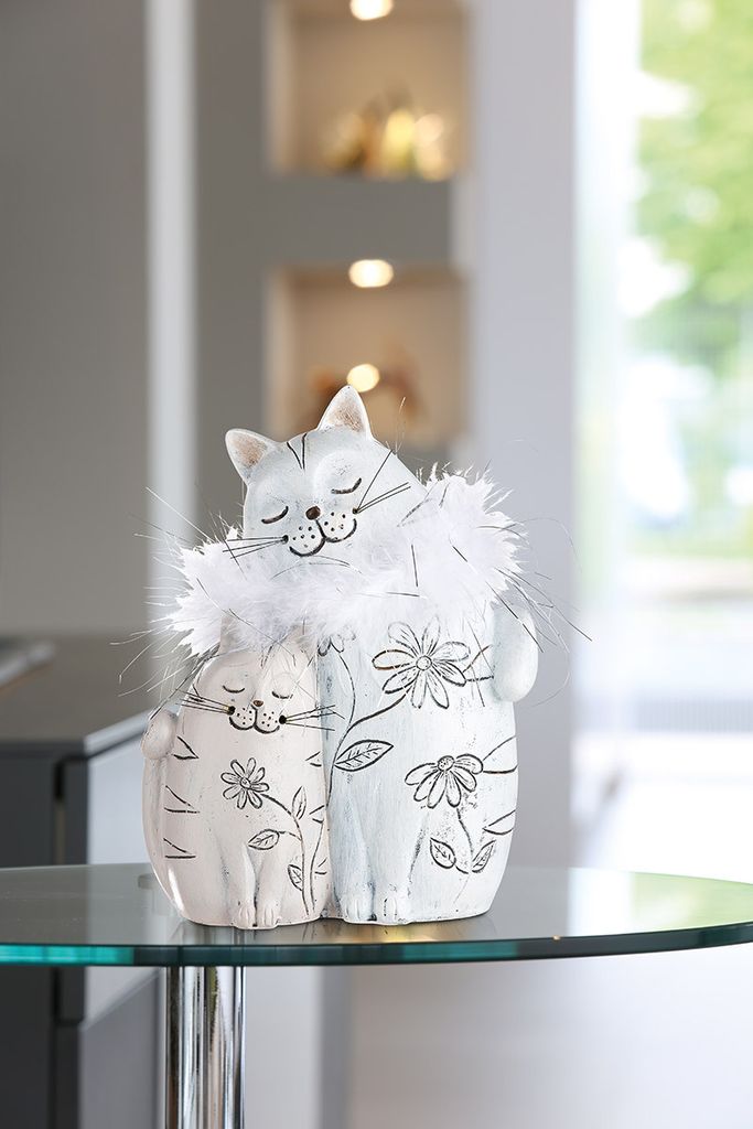 Gilde Figur, Katze, "Knuddel", Blumenmuster, Kunstharz, creme, grau, VE 2, L. 8.5 cm, B. 14 cm, H. 20 cm 37184 4063387371848