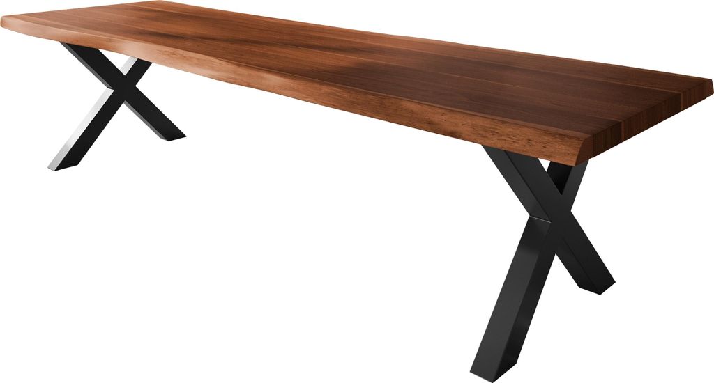Esstisch Baumkante massiv Akazie nussbaumfarben 350 x 120 X-Gestell Metall schwarz TITAN