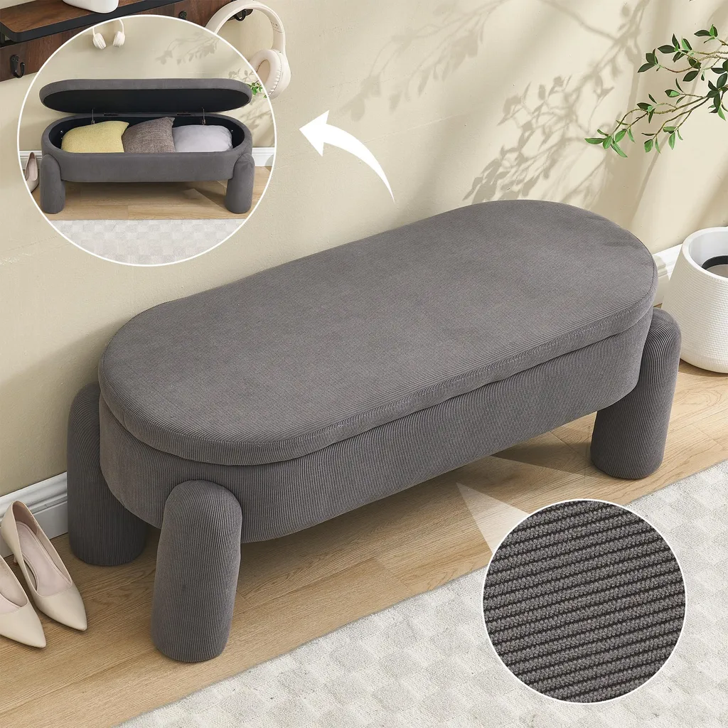 Banc de rangement en tissu chenille gris pour chambre et garde-robe