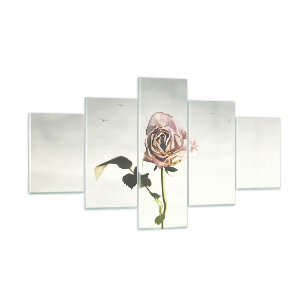 Bilder auf glas - 5 Teile - Rose Vögel Himmel - 125x70cm - Glasbilder - Wandbilder - Bilder - zum Aufhängen bereit - Wanddekoration aus Glas - Gl...