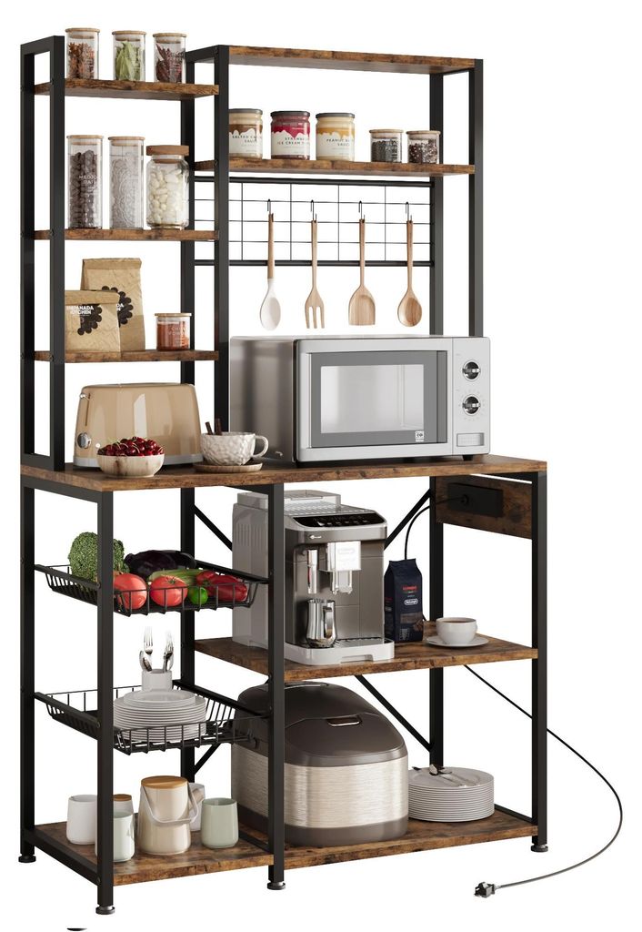 7-stöckiges Küchenregal - Mikrowellenständer - Kaffeebar Regal - mit Steckdose - Holzregal für Gewürze und Töpfe - Schwarz Braun