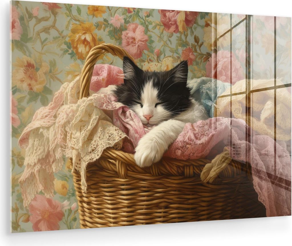 MuchoWow Glasbilder - Bilder auf Wandbild - Foto auf Glas Katze - Blumendruck - Weidenkorb 30x20 cm Wanddekoration aus Glas - Acrylglasbild - Acryl...