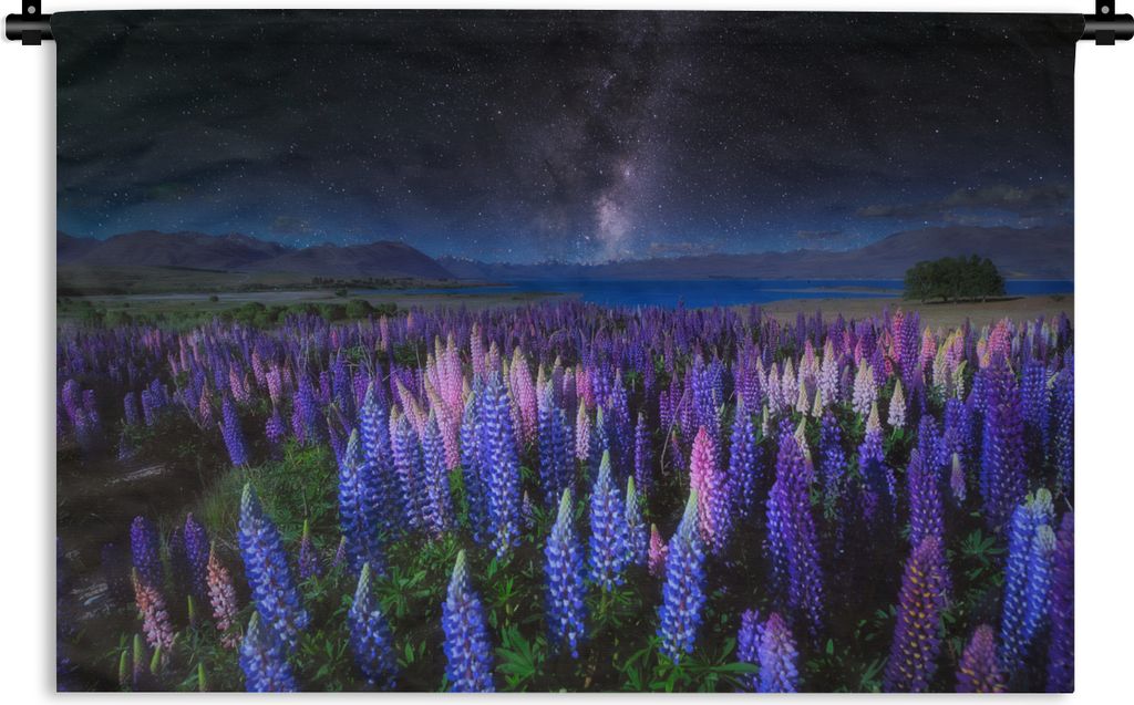 MuchoWow Wandteppich Wandbehang Blumen - Nacht - Lupine - Sternenhimmel - Lila - Natur 120x80 cm Tapisserie Dekoration Wandtuch - Wanddekoratione...
