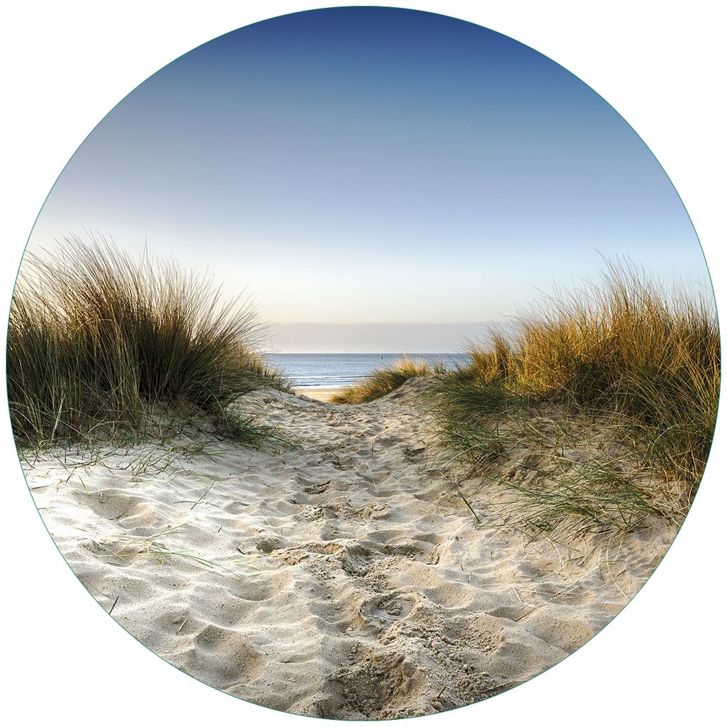 Wallario Premium Glasbild, freischwebende Optik, kräftige Farben, rund 50cm Durchmesser, Motiv Weg durch die Dünen zum Strand am Meer