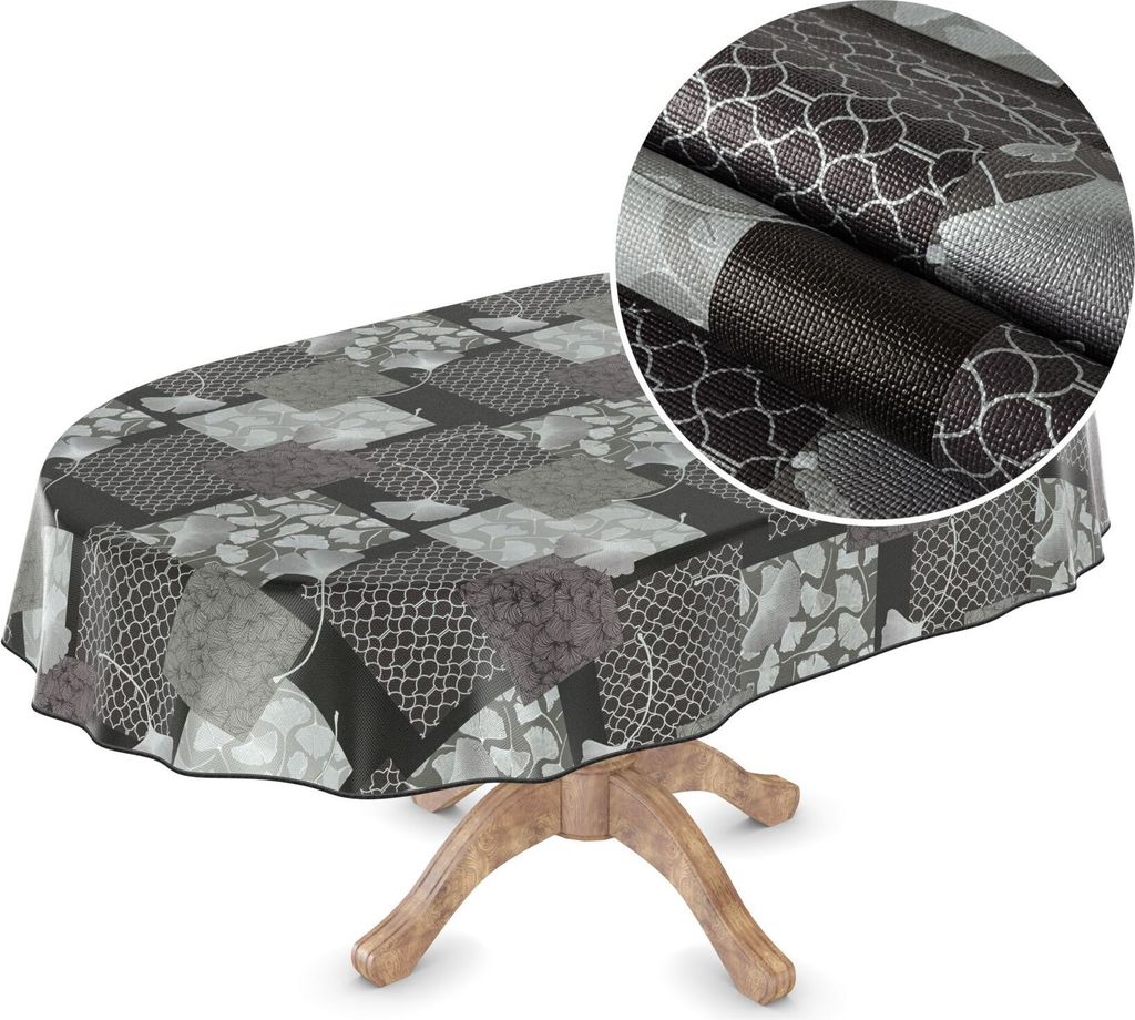 Tischdecke Wachstuch Premium Ornamente Schwarz Robust Wasserabweisend Oval Breite 140 cm Länge 180 cm