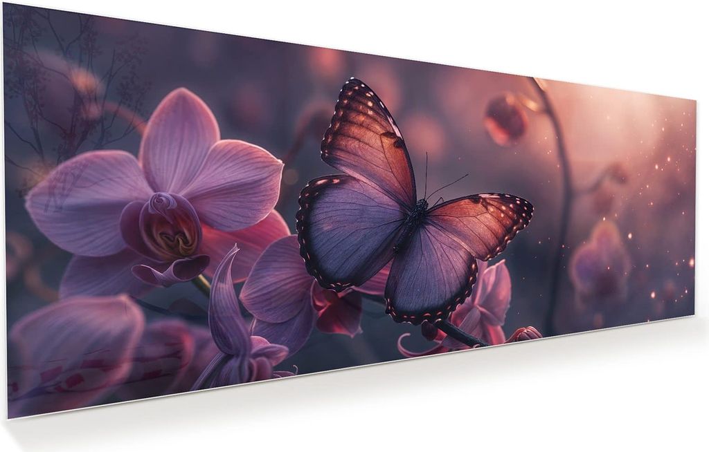 Glasbild 150x60cm in XXL für Wohnzimmer, Schlafzimmer Motiv Schmetterling Blüte