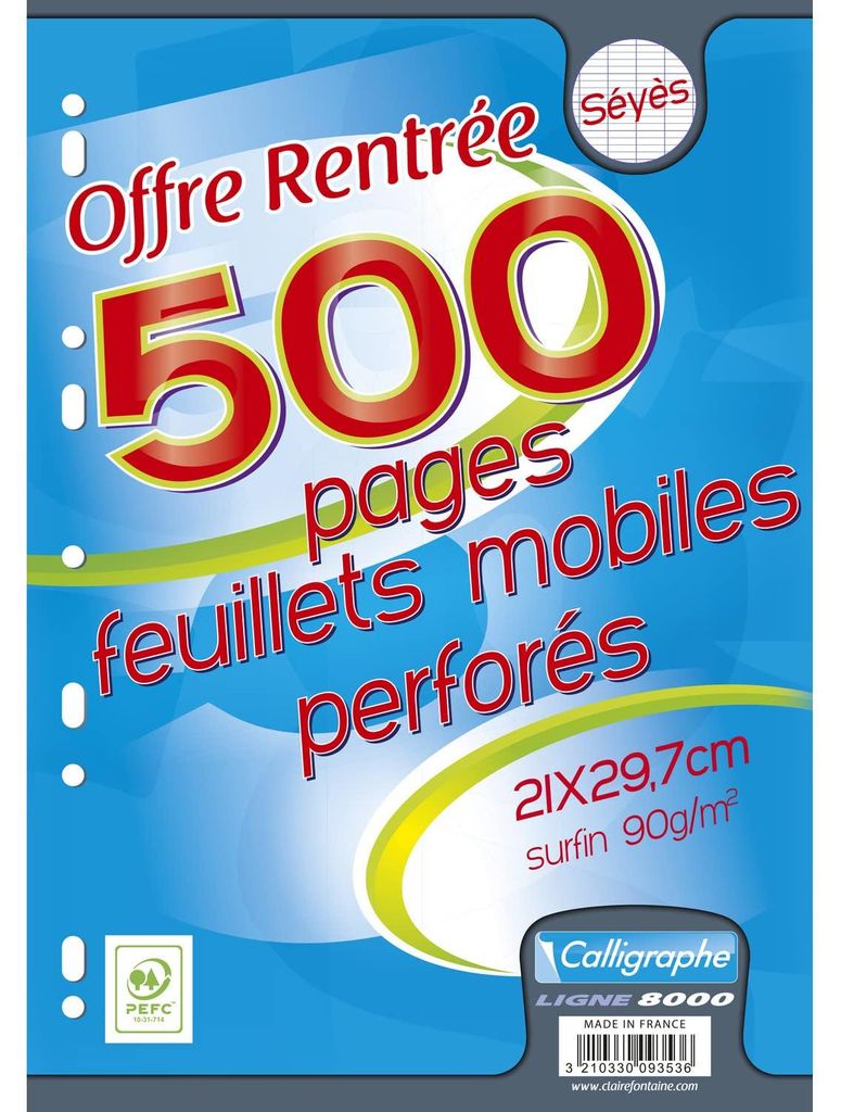 Clairefontaine 9353C - Packung mit 500 Blatt Ringbucheinlage DIN A4 21x29,7 cm, französische Lineatur, 90g, Ideal für Ringbuch 32x26 cm, 1 Pack, ...