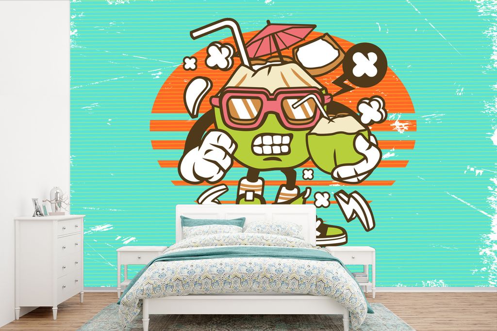 MuchoWow Fototapete für Wohnzimmer oder Schlafzimmer Wandtapete Vinyl Motivtapete Kokosnuss - Sonnenbrille - Retro - 420x280 cm - Zimmer für Ki...