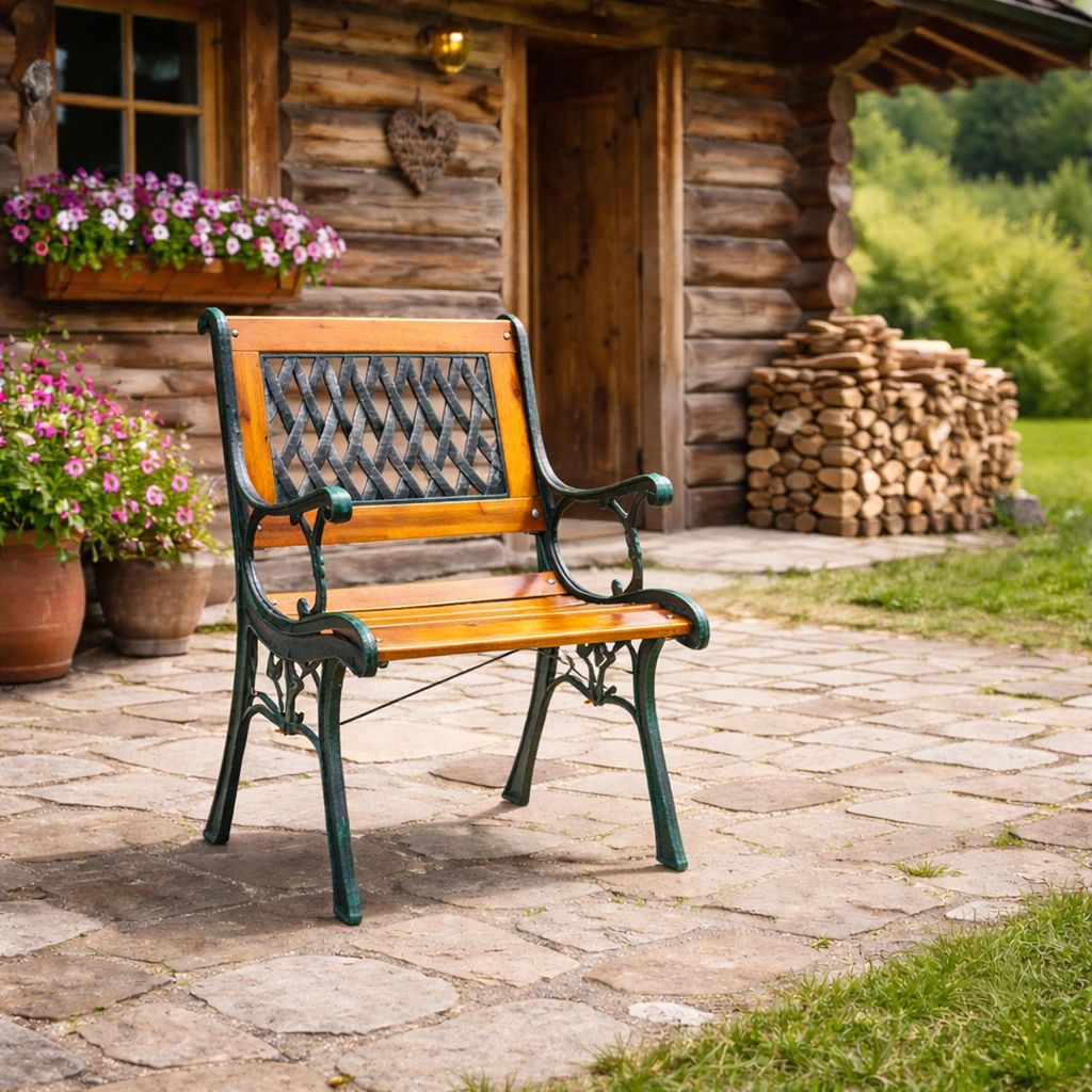 Gusseisen Gartensessel Gartenstuhl Outdoorstuhl Holz Natur bis120Kg