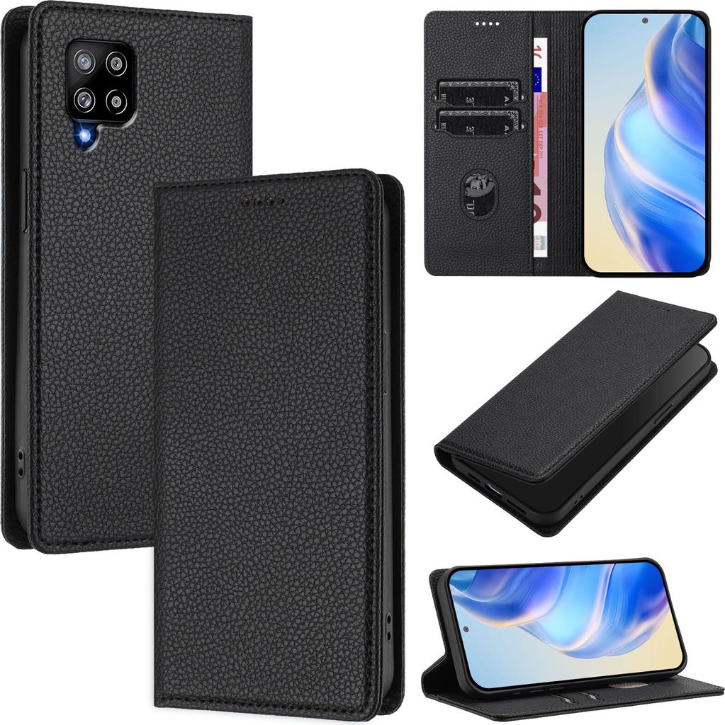 Litchi Leder Handyhülle für Samsung Galaxy A42 5G/M42 Wallet Kartenfächer Standfunktion Hülle Schwarz