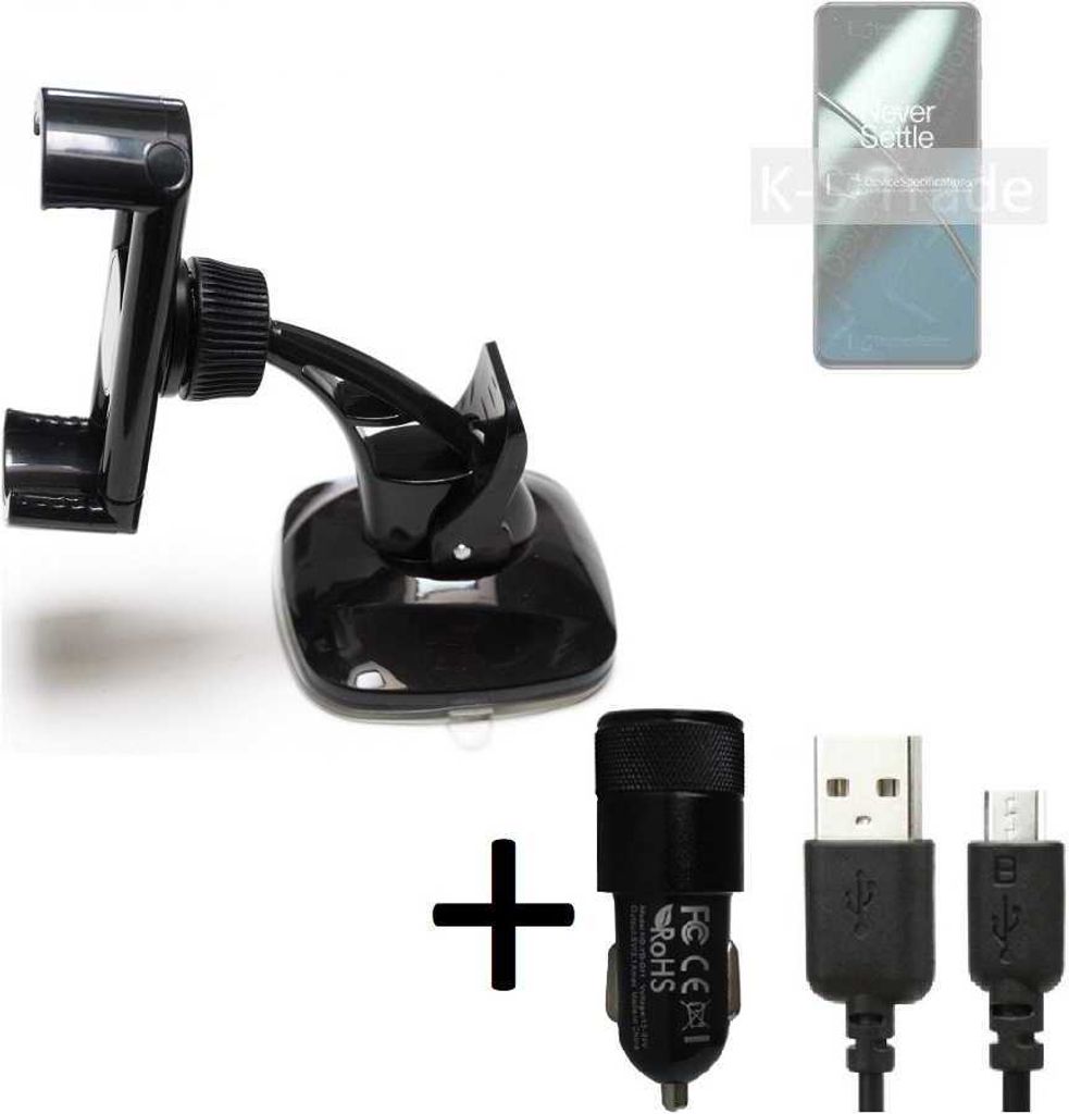 K-S-Trade Halterung kompatibel mit OnePlus 11 Windschutzscheibe / Armaturenbrett + LADEGERÄT mit Mico USB Kabel Autohalterung KFZ Halter