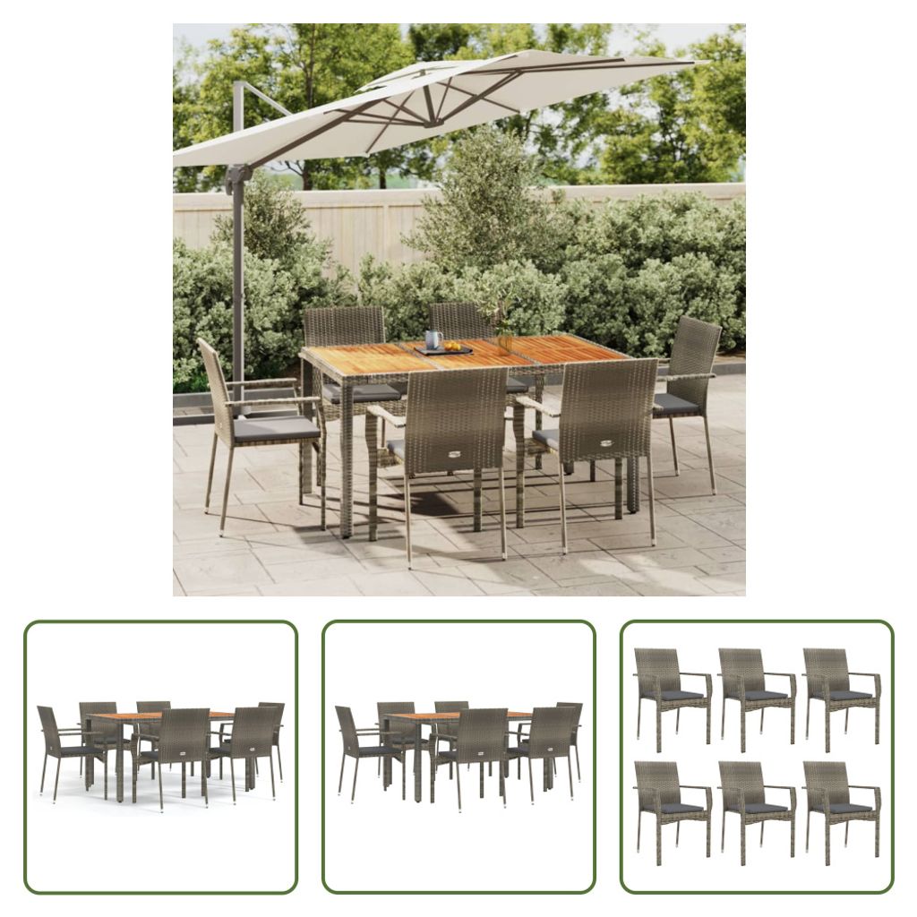 The Living Store 7-tlg. Garten-Essgruppe mit Kissen Grau Poly Rattan