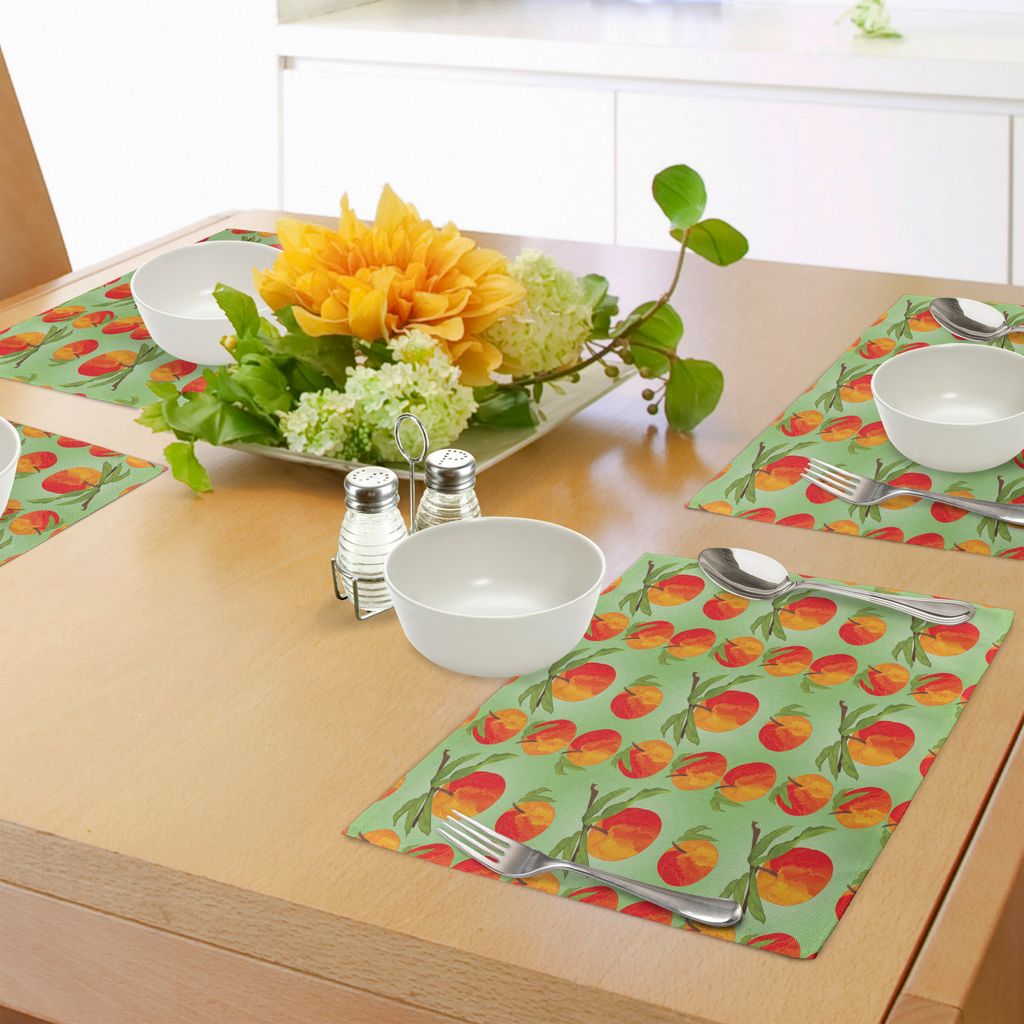 ABAKUHAUS Pfirsich Platzmatten, Botanische -Garten-Delikatessen Mellow Orange Nektarinen mit Blättern, Tiscjdeco aus Farbfesten Stoff für das Ess...