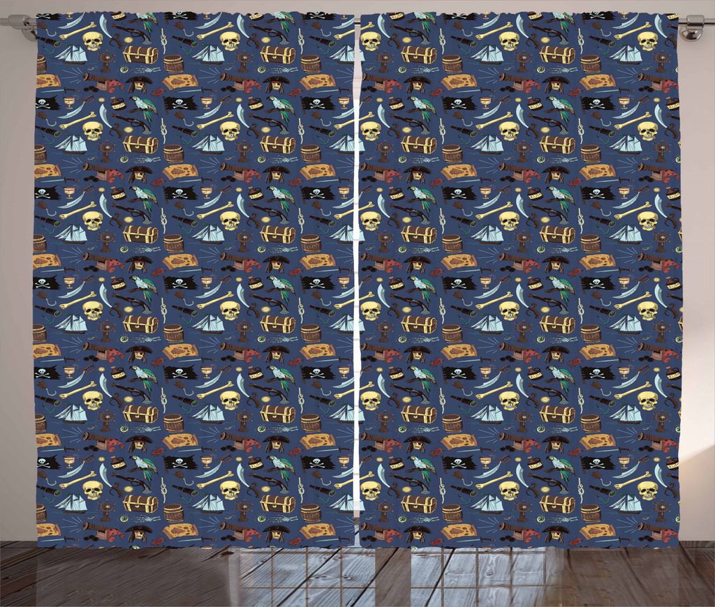 ABAKUHAUS Pirates Rustikaler Vorhang, Vintage Cartoonish Entwurf, Wohnzimmer Universalband Gardinen mit Schlaufen und Haken, 280 x 245 cm, Mehrfarbig