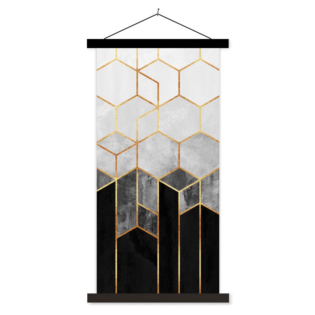MuchoWow Textilposter Gold - Sechseck - Chic - Muster - Luxus 60x120 cm mit schwarzem Rahmen - Magnete