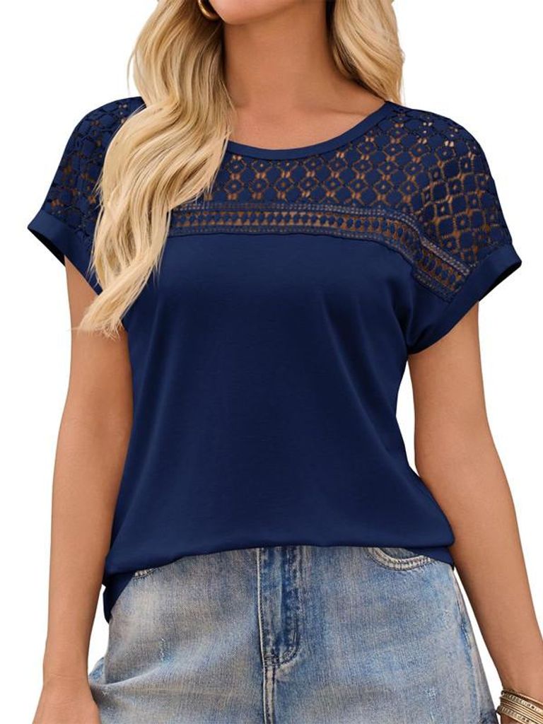 Imily Bela Damen Sommer-Tops – Schick & Lässig, Kurzarm, Spitze, Trendige Shirts, Rundhals-T-Shirt, Cut-out-Design, Locker sitzende Blusen