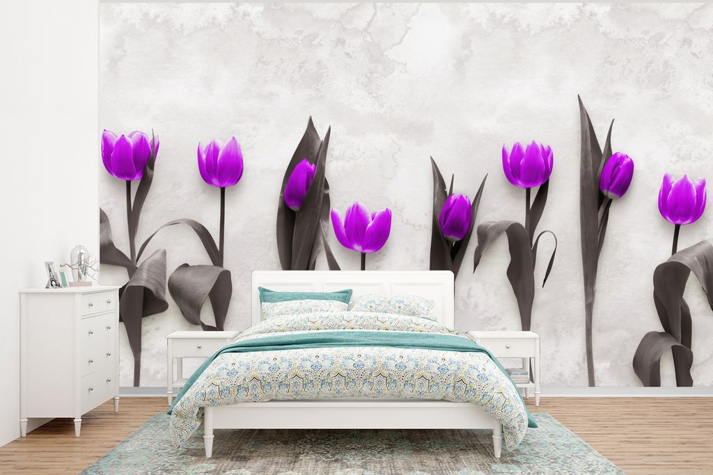 MuchoWow Fototapete für Wohnzimmer oder Schlafzimmer Wandtapete Vinyl Motivtapete Blumen - Tulpen - Lila - 400x300 cm - Papiertapeten