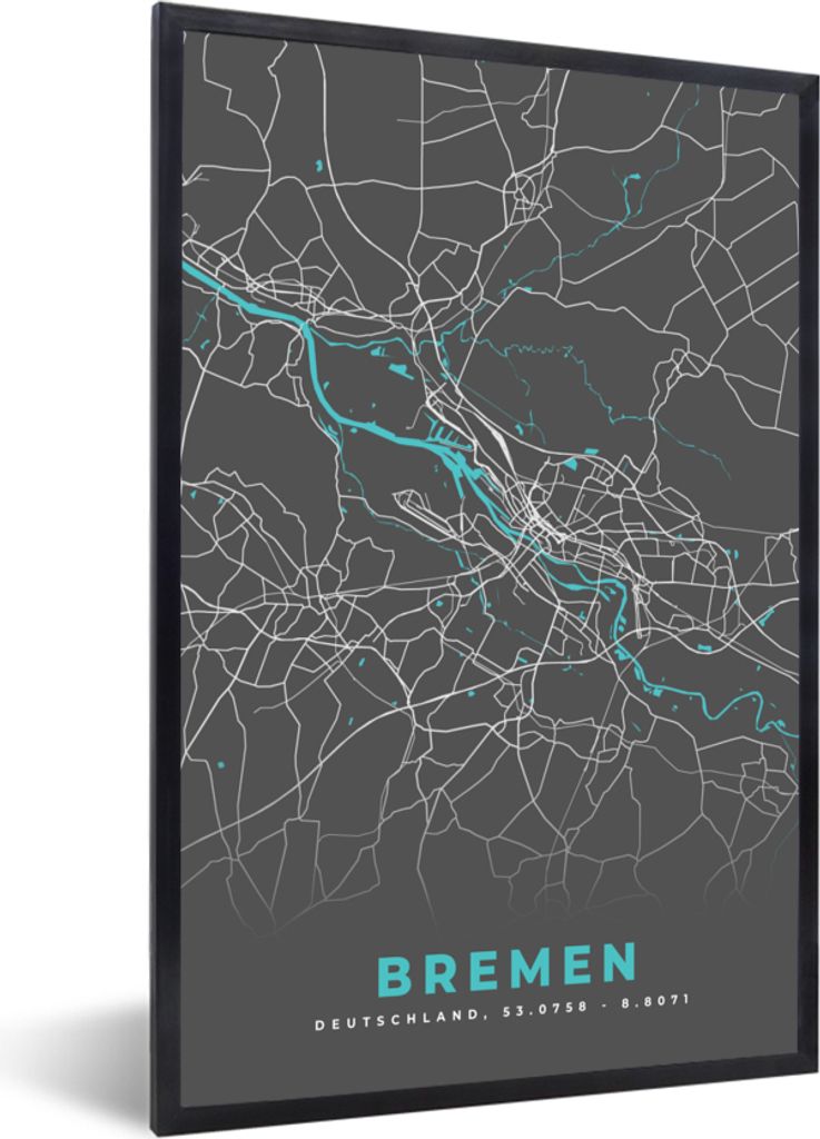 MuchoWow Gerahmtes Poster Deutschland - Blau - Bremen - Stadtplan - Karte 60x90 cm - Poster mit Schwarzem Bilderrahmen Wandposter Rahmen Foto Bil...