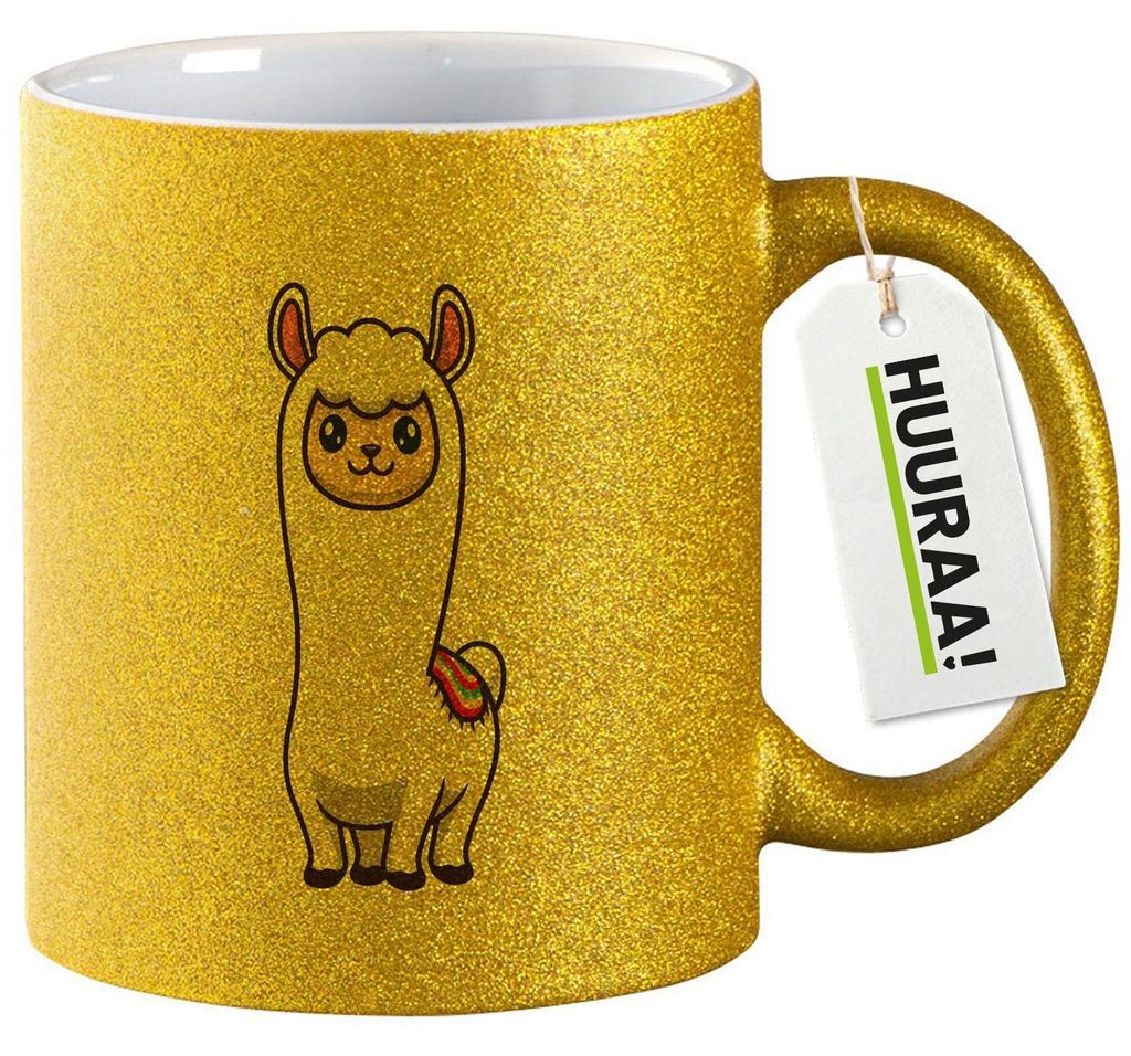 Huuraa Glitzertasse Lama Comic 330ml Gold Keramik Kaffeebecher Geschenkidee