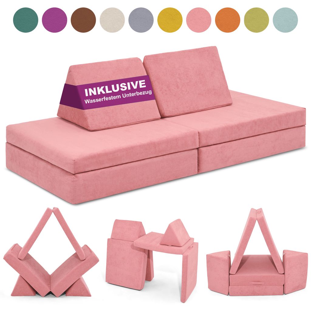 Linodino Spielsofa - Kindersofa | Kinder Couch als Kuschelecke und Indoor Spielplatz | Kinder Sofa aus Schaumstoff Bausteinen I Korallenrosa