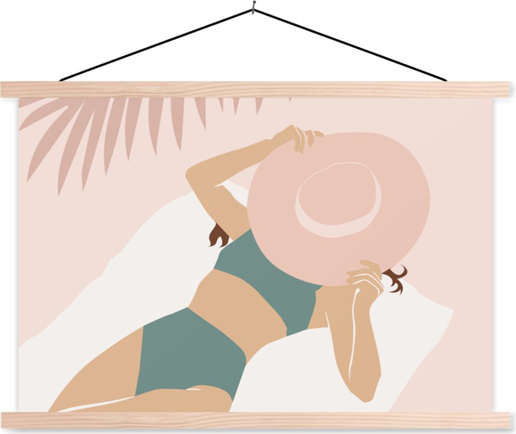 MuchoWow Textilposter Frau - Strandhut - Pastell 120x80 cm mit holzfarbenen Rahmen - Aufhängeset