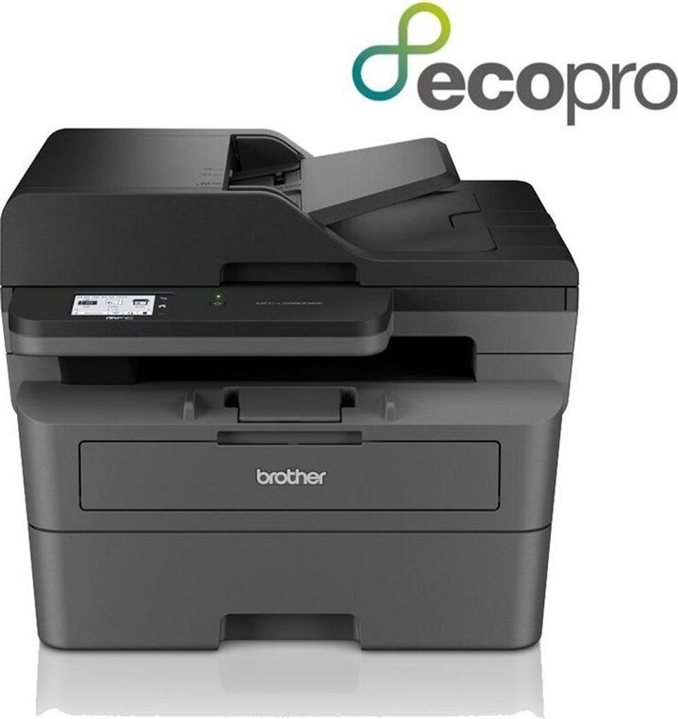 A Brother MFC-L2860DW 4-in-1 laser multifunction printer is shown against a white background. The printer is black and gray, with its top lid open. The 'ecopro' logo is visible in the top right corner.