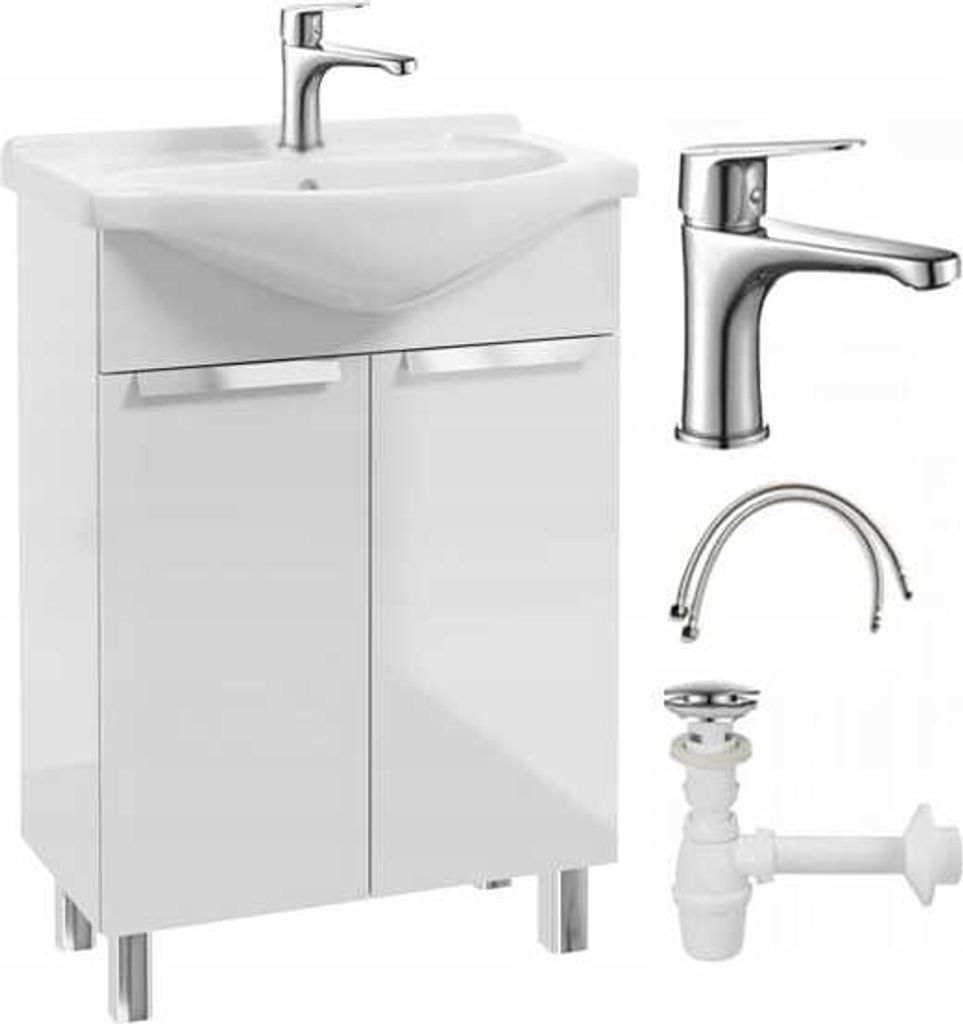 A bathroom vanity with a sink and faucet, along with plumbing parts, displayed against a white background.