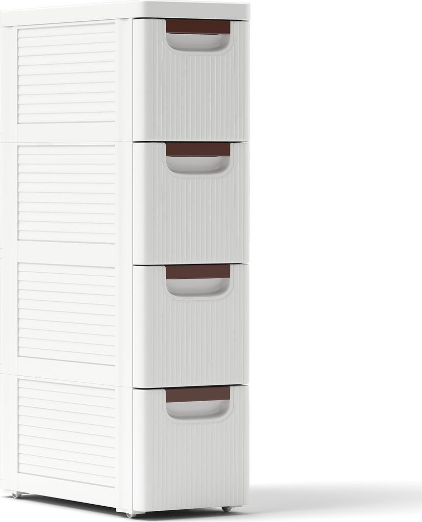 Schmaler Rollschrank, Kommode mit 4 Schubladen auf Rollen für kleine Räume, platzsparender Schubladenschrank aus Kunststoff für Wohnzimmer, weiß