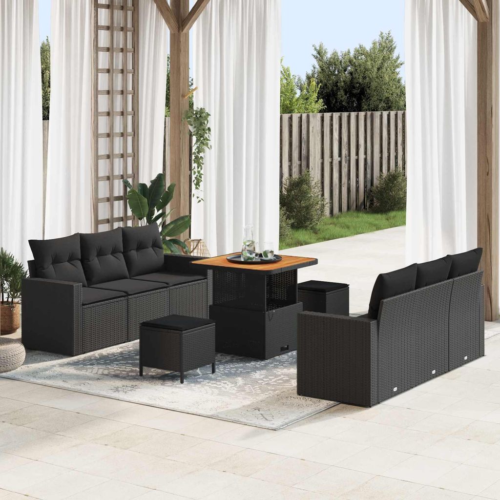 "Rabatt" Garten-Sofa-Set - Balkonmöbel/Terrassenmöbel - 9 pcs Schwarz Poly-Rattan - Lounge-Dining set CC13284