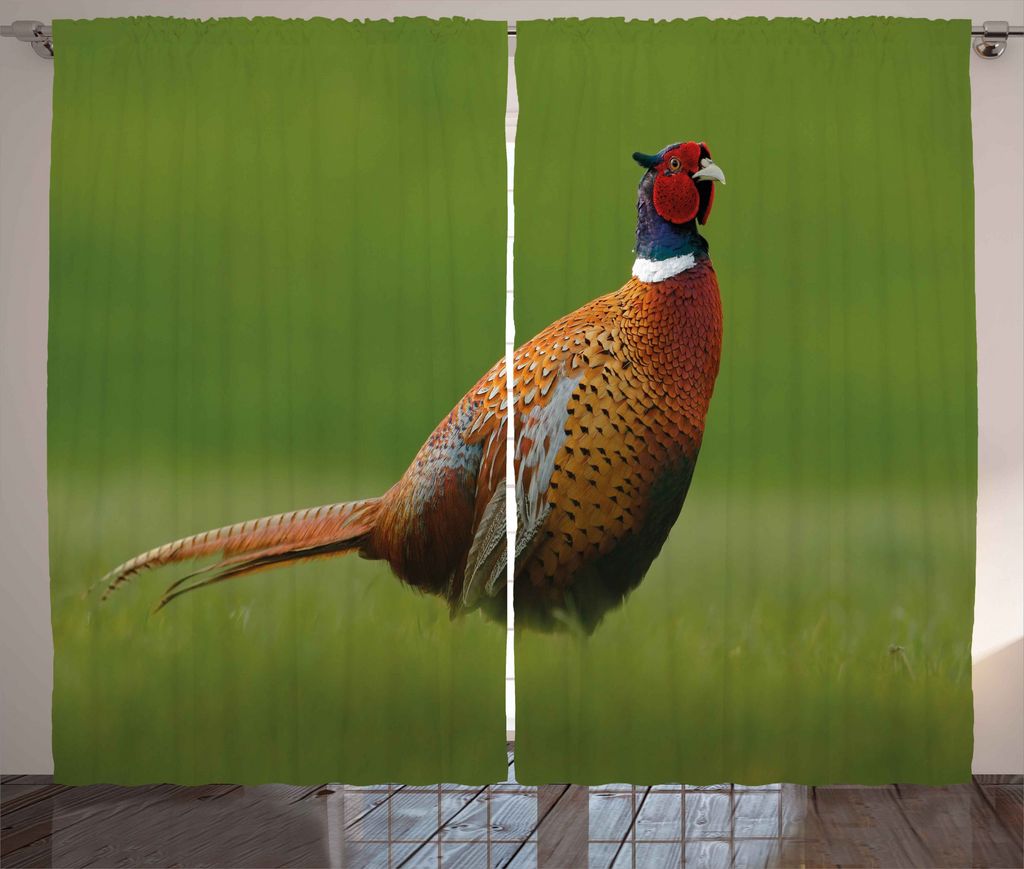 ABAKUHAUS Vogel Rustikaler Vorhang, Fasan Long Tail Wiese, Wohnzimmer Universalband Gardinen mit Schlaufen und Haken, 280 x 175 cm, Grün Orange Rot