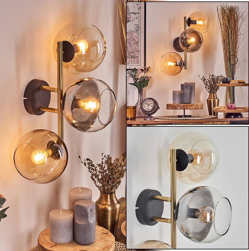 Cesaro Wandlampe aus Metall/Glas in Schwarz/Gold/Bernstein/Rauch/Klar