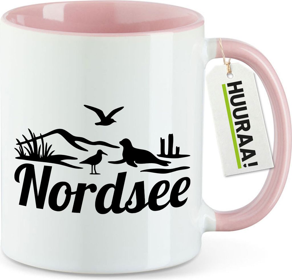 Huuraa Kaffeetasse Nordsee Strandmotiv 330ml Rosa Keramik Kaffeebecher Geschenkidee