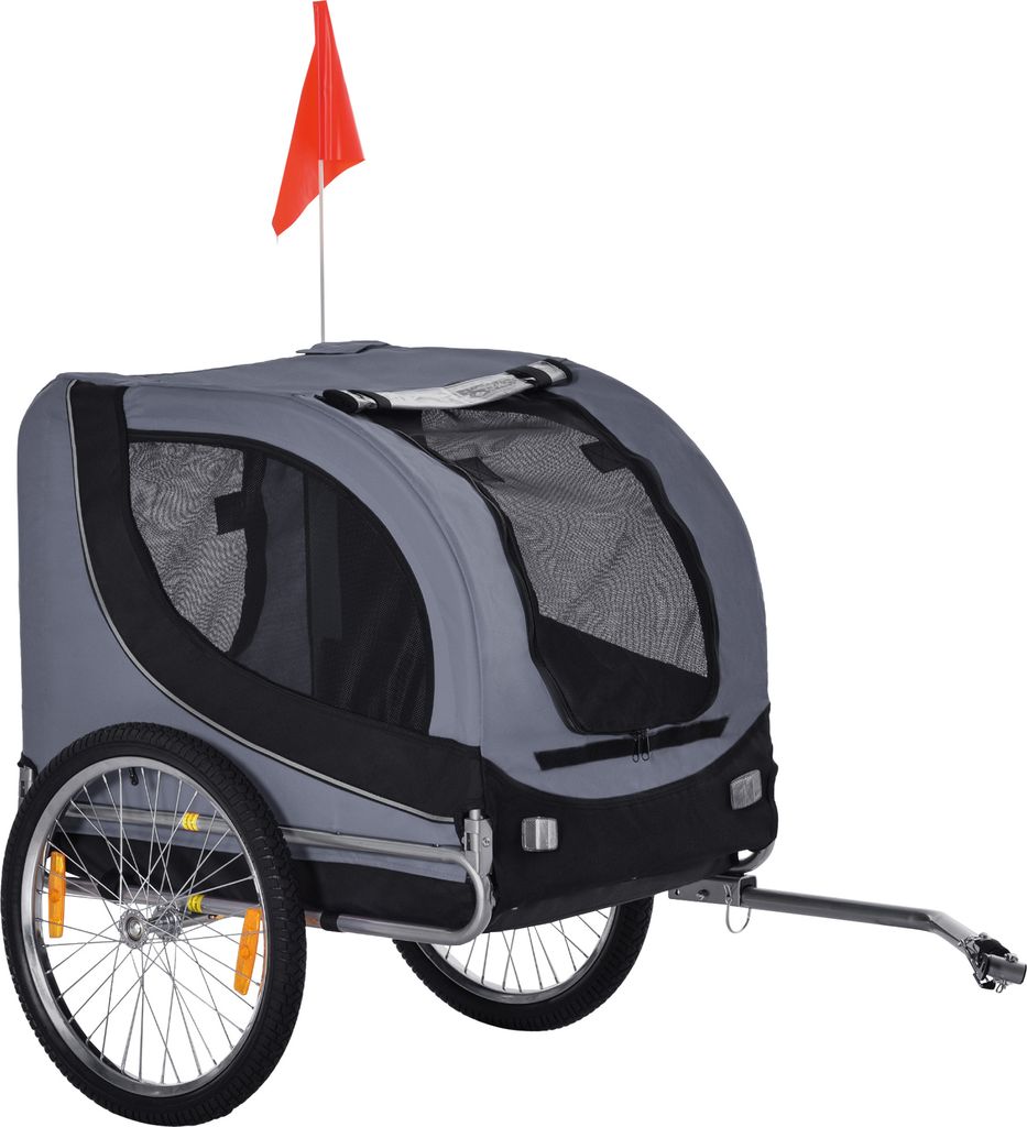 PawHut Hundeanhänger Fahrradanhänger Hundetransporter Hunde Fahrrad Anhänger Grau+Schwarz 130 x 73 x 90 cm