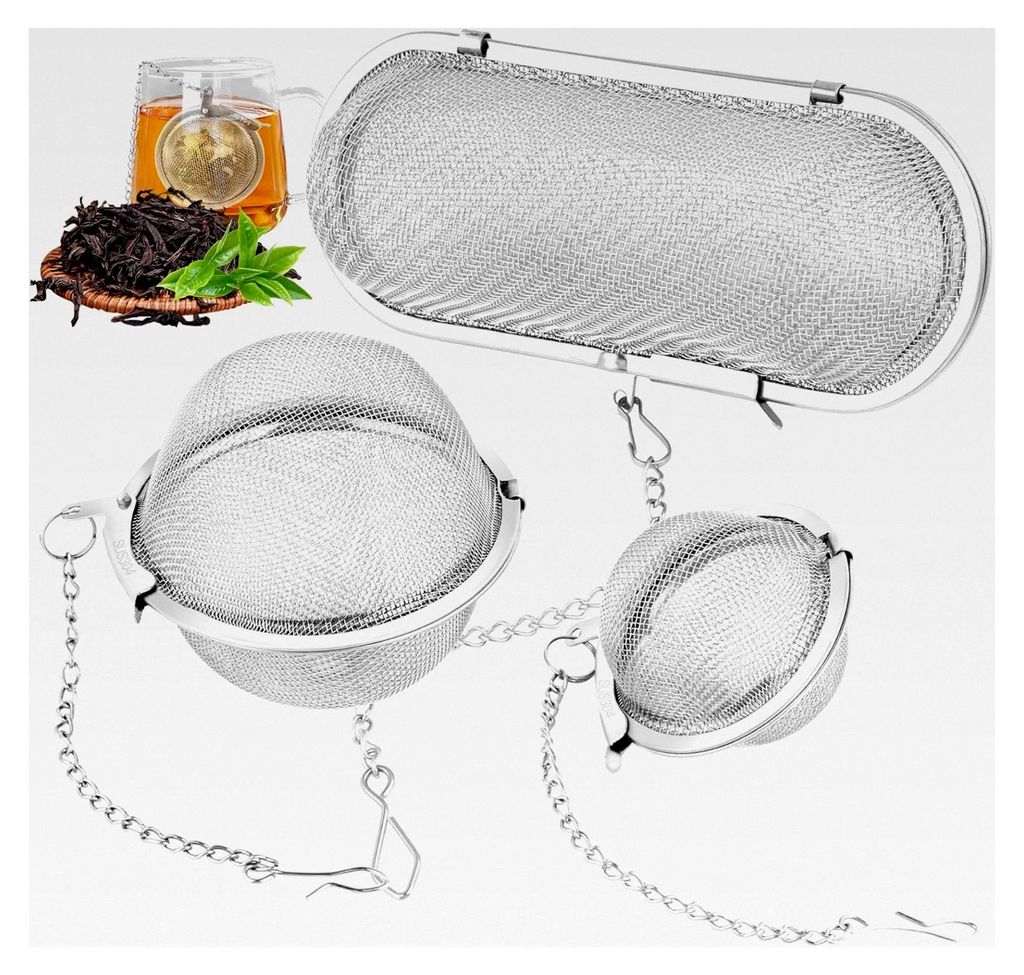 3 Stück Gewürzsieb aus Edelstahl, Teesieb mit Kette, Gewürzkugel für losen Tee und Gewürze (Elliptisch, Rund)