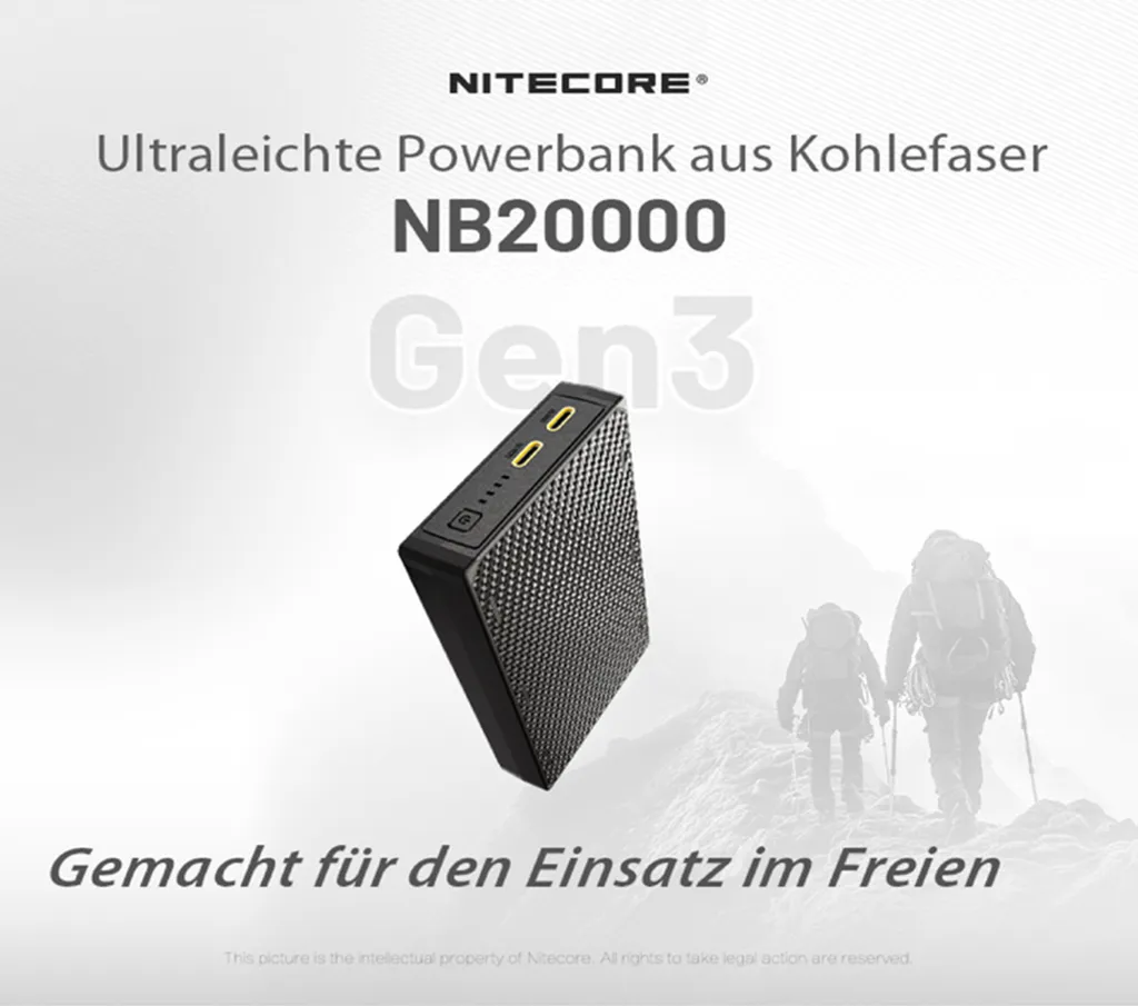 Nitecore NB20000 GEN3 Powerbank Carbone 20Ah Ultra-Légère 2x USB-C 22W