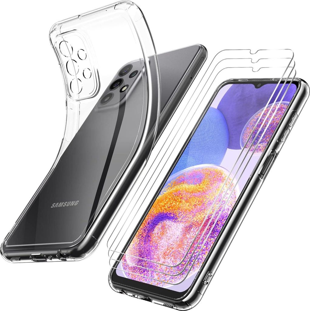 Hülle für Samsung Galaxy A23 Silikon 3x gehärtetes Glas stark SM-A236