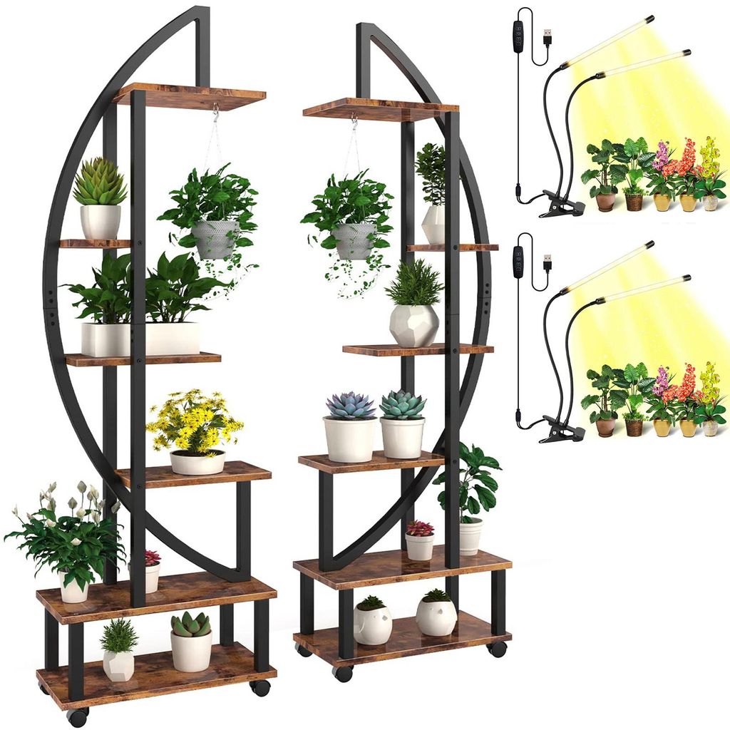 2er Set Pflanzenständer Halbmond 6-Stöckig Metall & Holz mit LED-Pflanzenlampe & Rollen (165cm), Blumenregal für Wohnzimmer Balkon
