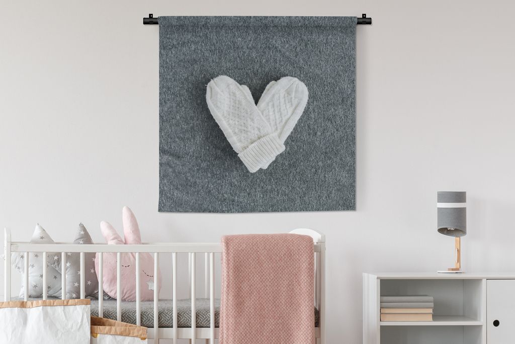 MuchoWow Wandteppich Wandbehang Winter - Handschuhe - Herz 90x90 cm Tapisserie Dekoration Wandtuch - Wandaufhänger