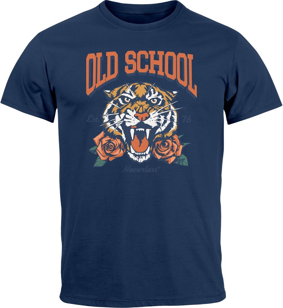 Herren T-Shirt Print Tiger Rosen Old School Retro Vintage Fashion Streetstyle Neverless navy 5XL